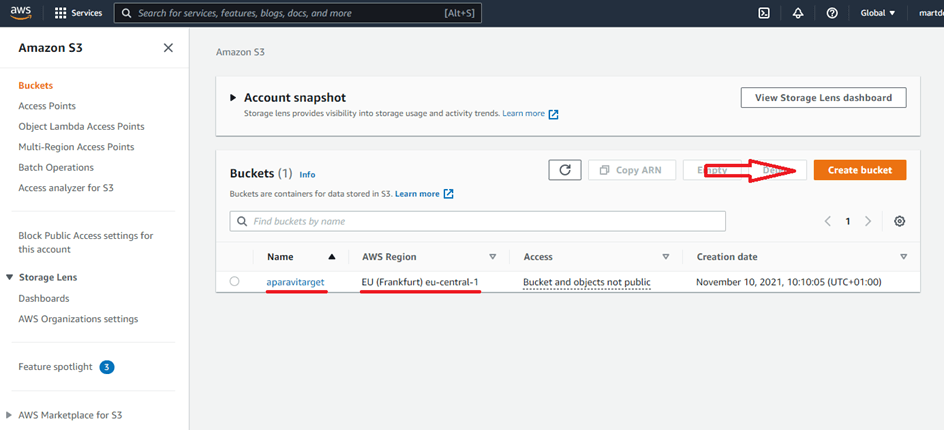 Target Service Options for use with AWS S3 Bucket: create a new bucket in your S3 environment