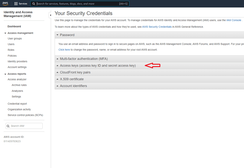 Target Service Options for use with AWS S3 Bucket: choose "Access keys (access key ID and secret access key)"
