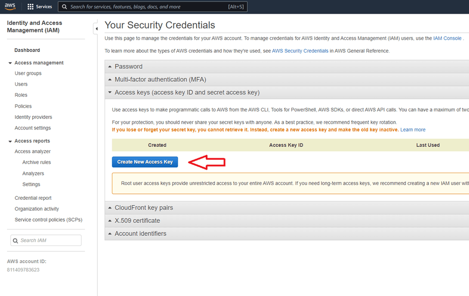 Target Service Options for use with AWS S3 Bucket: click "Create New Access Key" button