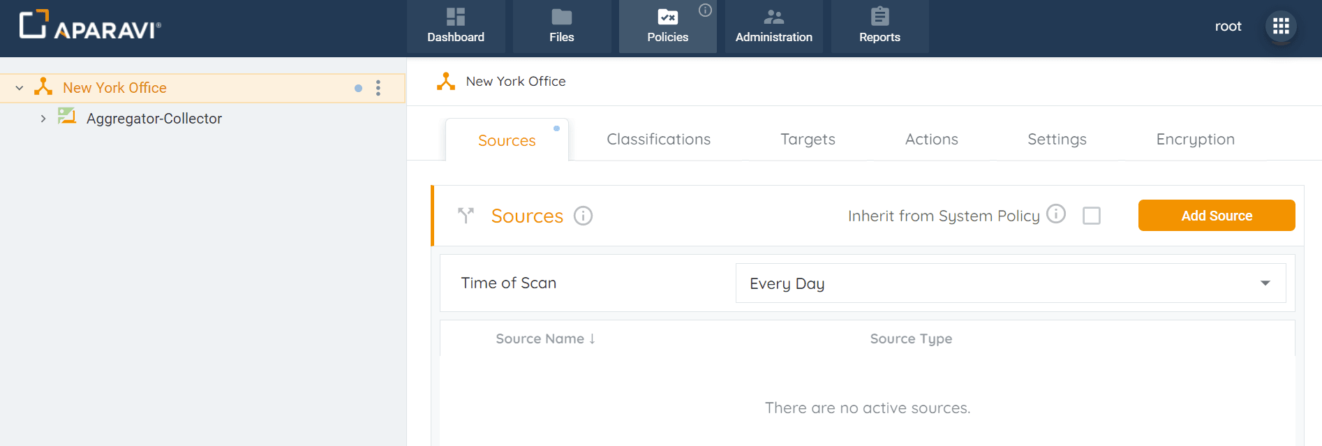 Policies tab. By default, the system will navigate to the Sources subtab
