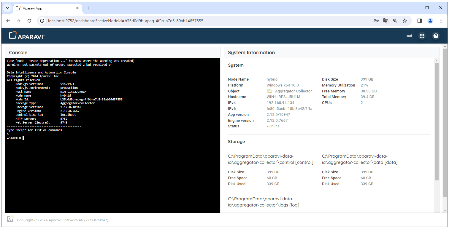 When the Aparavi node is active and running you will see the status as online