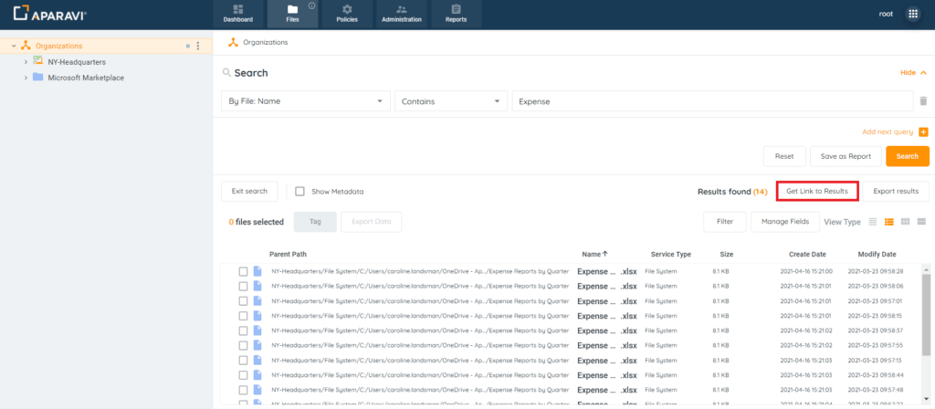 Rform a search, click on the Get Link to Results button that