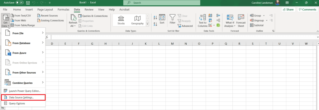 2. From the menu that appeared, click on the Data Source settings option. Once clicked, the Data...
