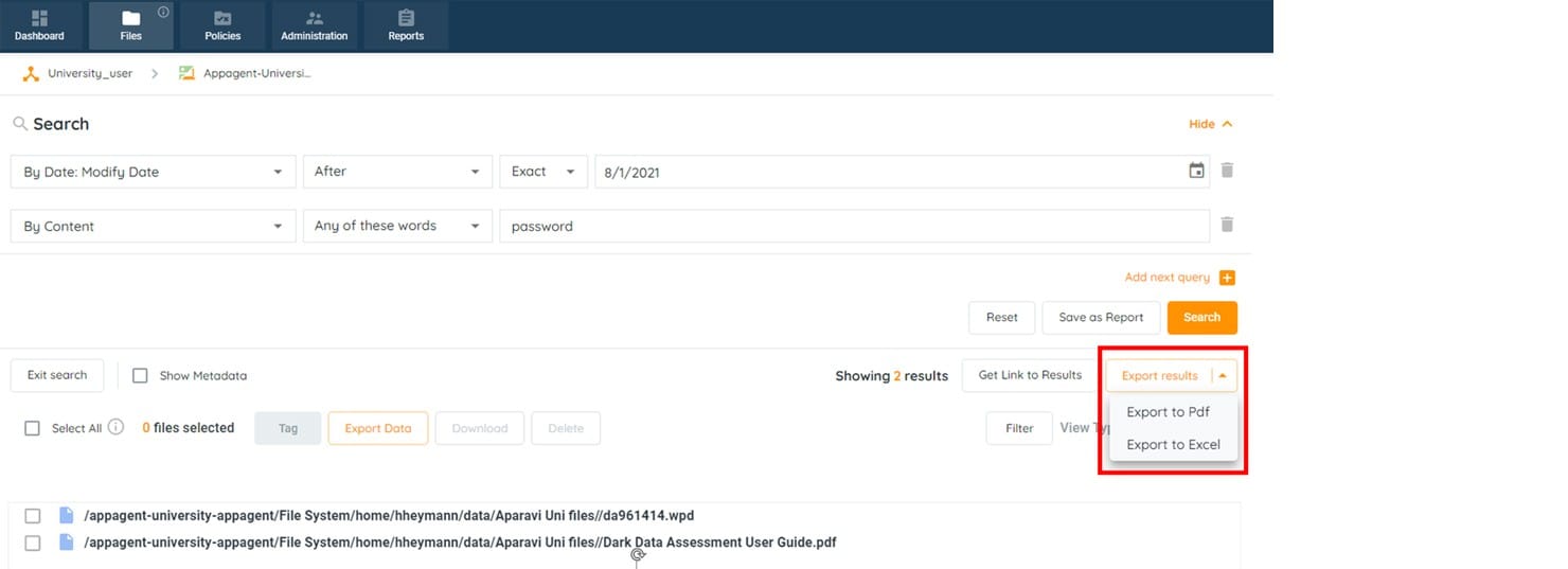 Untitled — APARAVI has the ability to not only display the search results but export the results to a PDF or Excel format for later analysis.