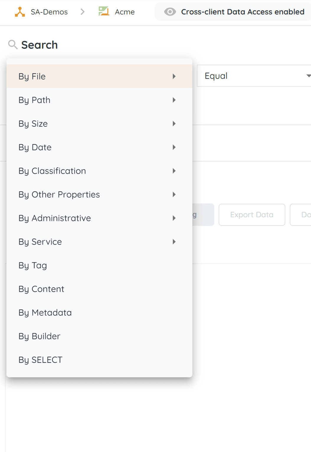 After a successful scan, you will be able to search for specific content and characteristics of your data.: by metadata...
