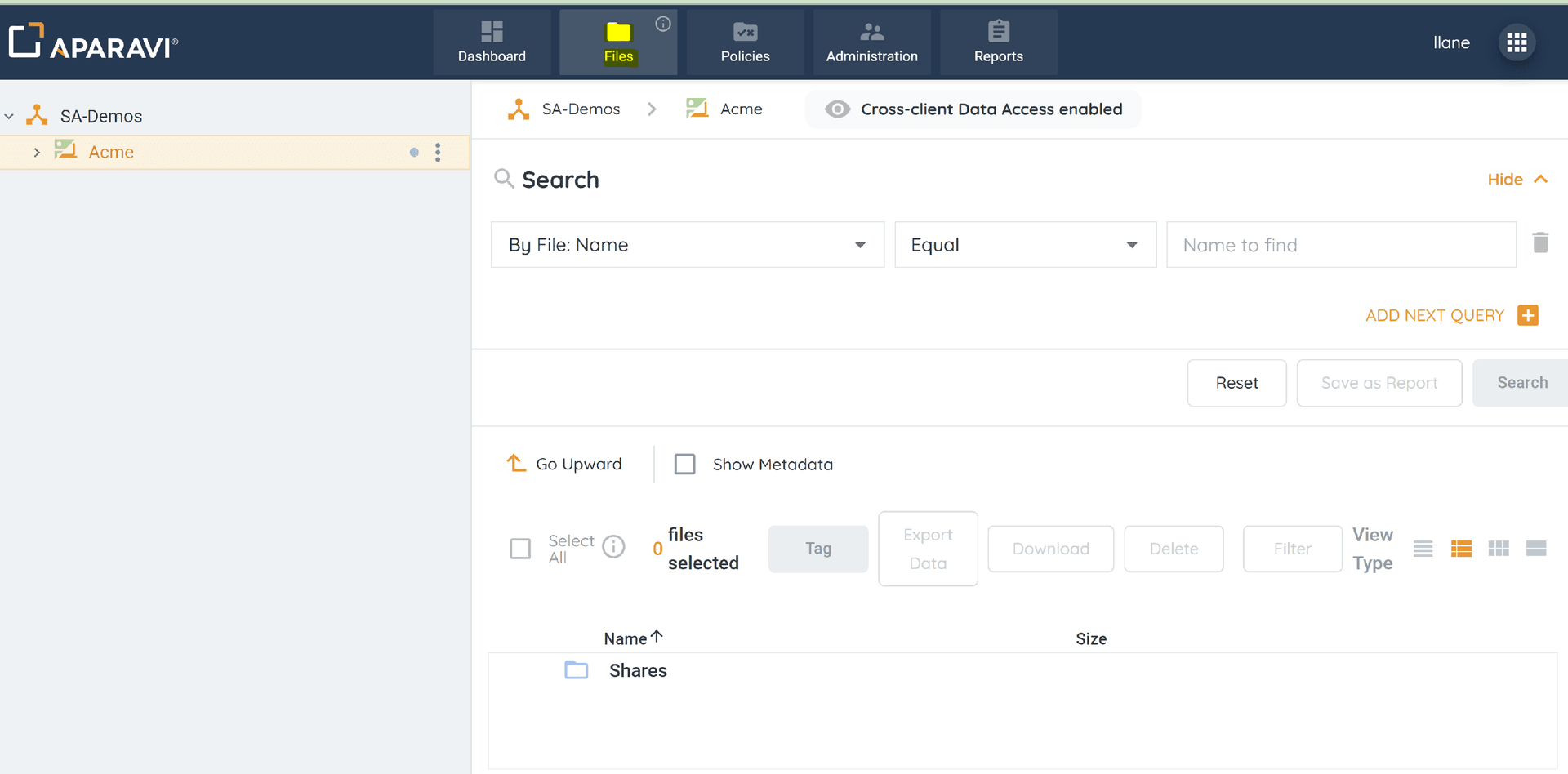 Login on your client level in the APARAVI platform. Locate and click on the " Files " tab