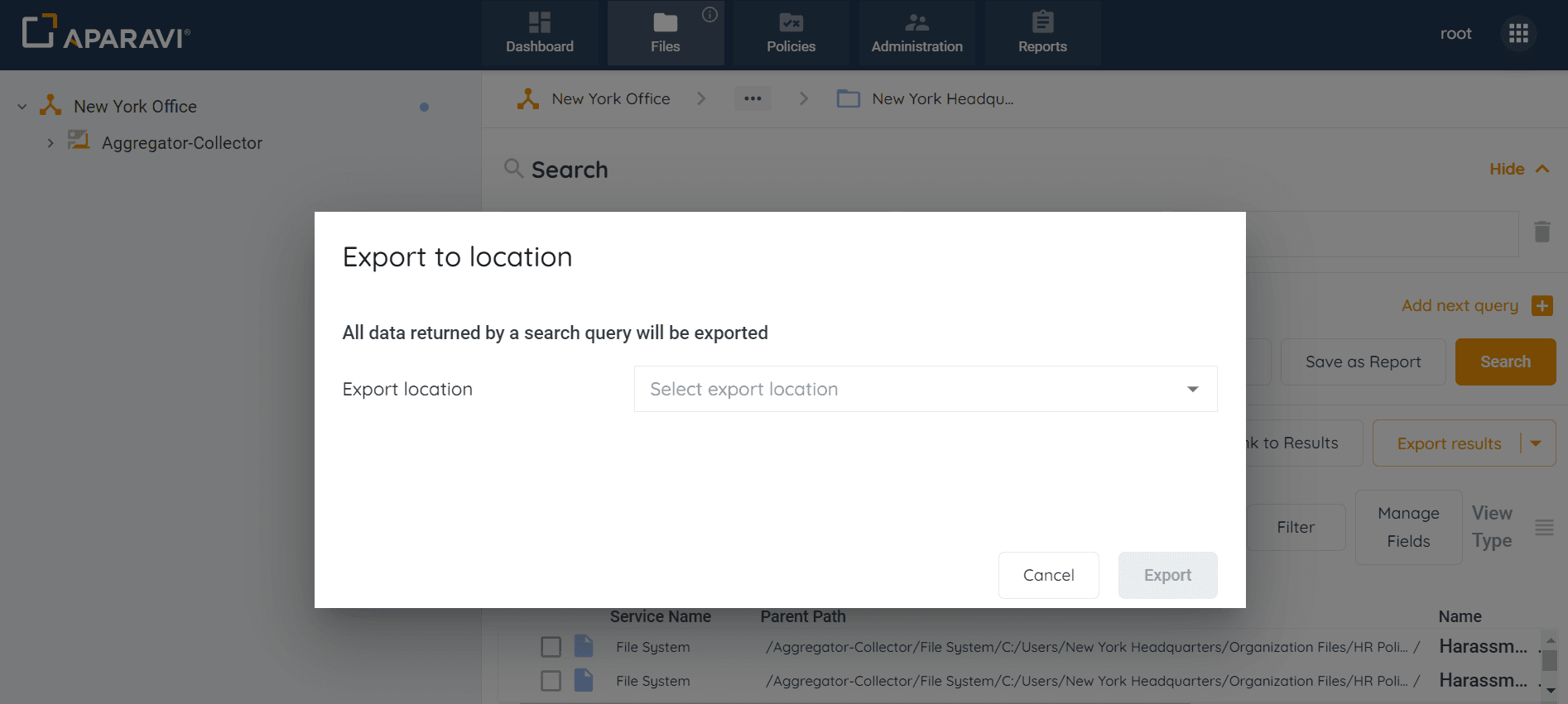 Export to Location pop-up box