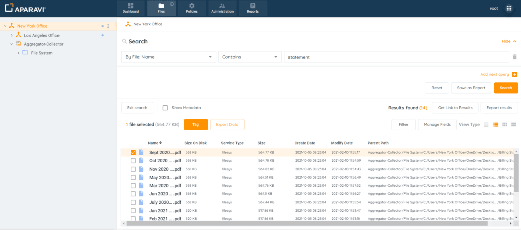 Perform any file search using the three query parameters and click the Search button