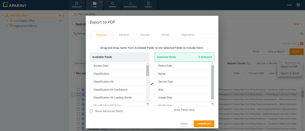 Purpose: if Export to PDF is selected, the pop-up box will include the following customization options
