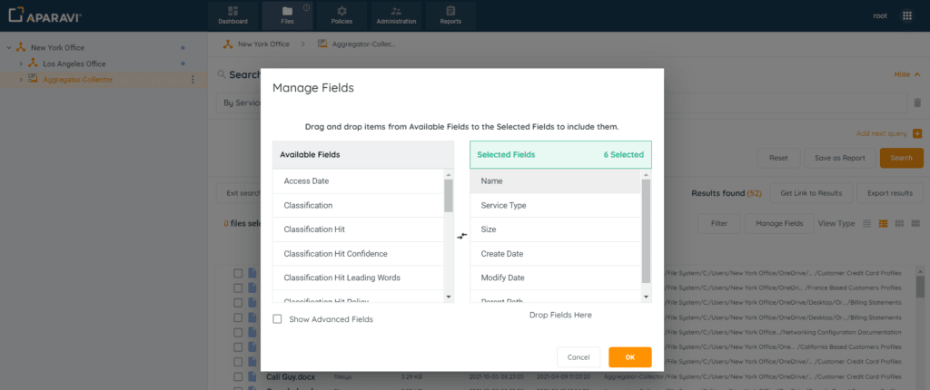On the Manage Fields button and the Manage Fields pop-up box