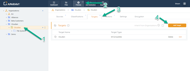 Click the Add Target button in the Policies Targets tab