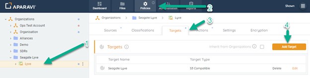 Click the Add Target button in the Policies Targets tab