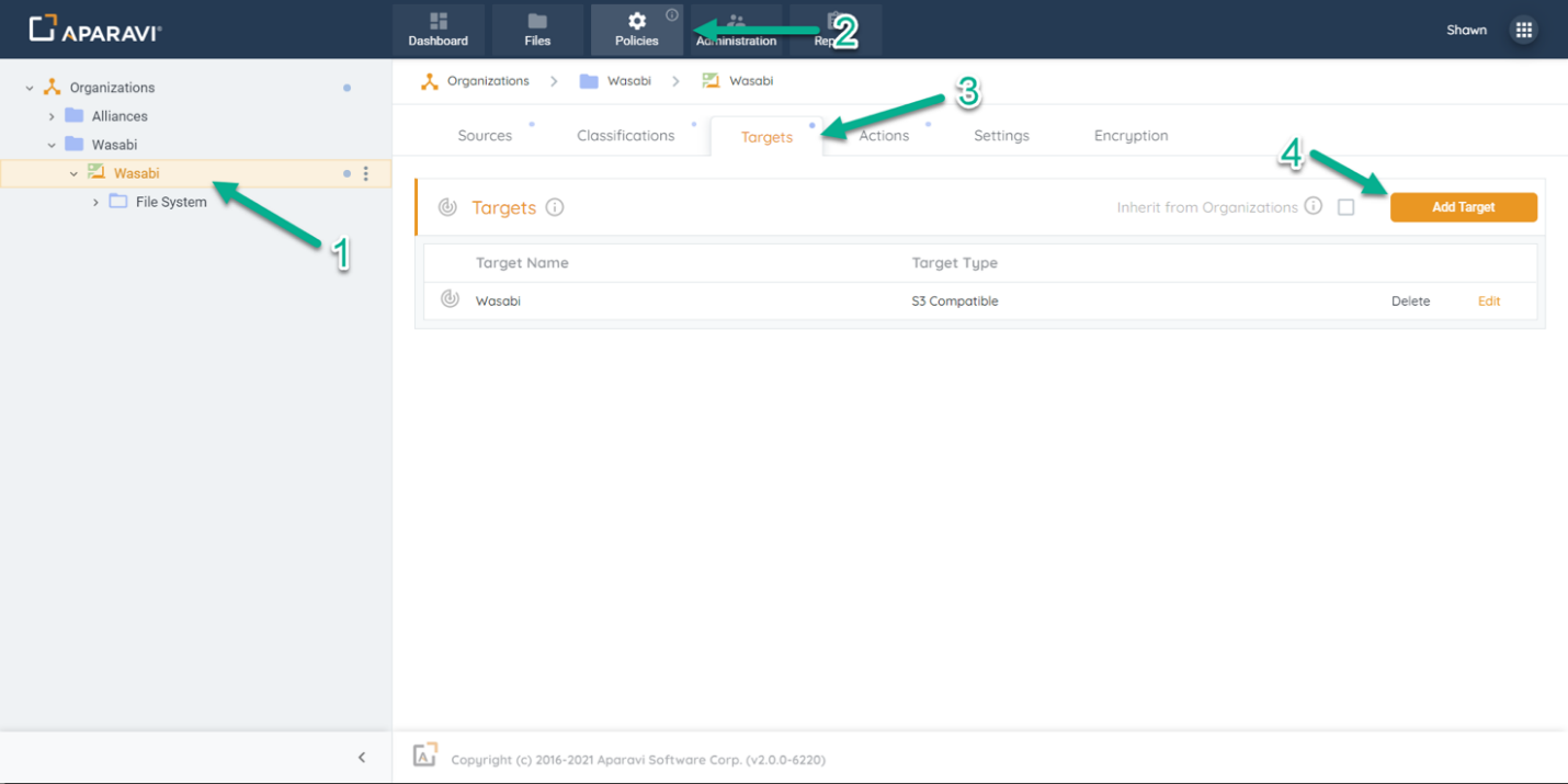 Click the Add Target button in the Policies Targets tab