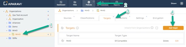 Click the Add Target button in the Policies Targets tab