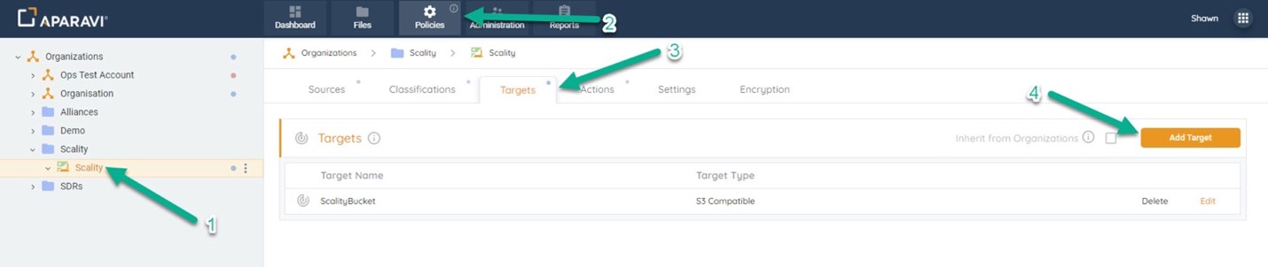 Click the Add Target button in the Policies Targets tab