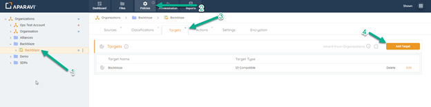 Click the Add Target button in the Policies Targets tab