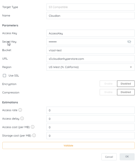 S3 Compatible target settings modal for Cloudian configuration