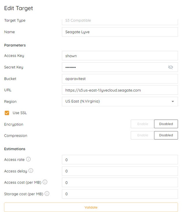 S3 Compatible target settings modal for Seagate Lyve configuration