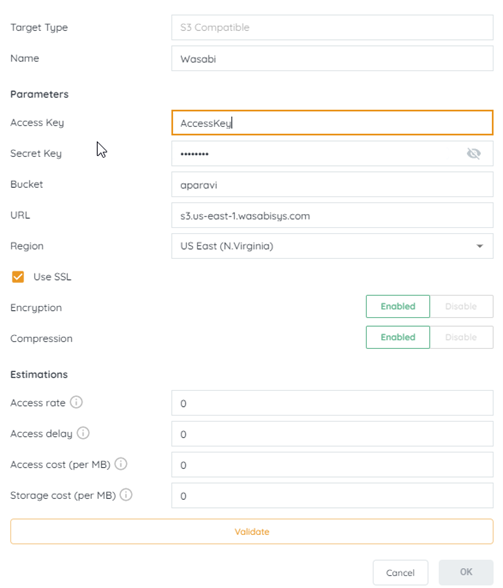 S3 Compatible target settings modal for Wasabi configuration