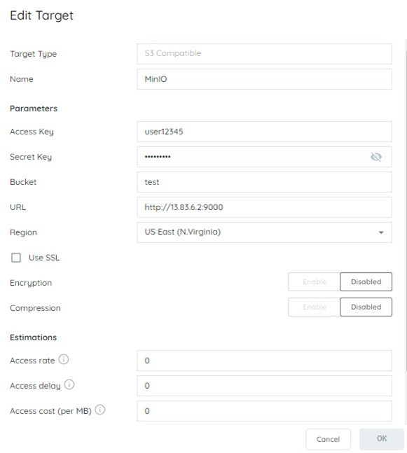 S3 Compatible target settings modal for MinIO configuration