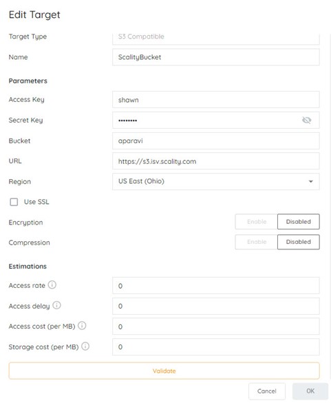 S3 Compatible target settings modal for Scality configuration