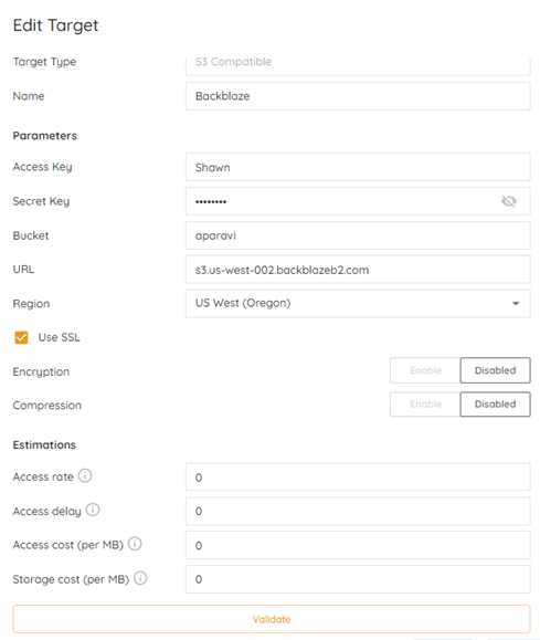 S3 Compatible target settings modal for BackBlaze configuration